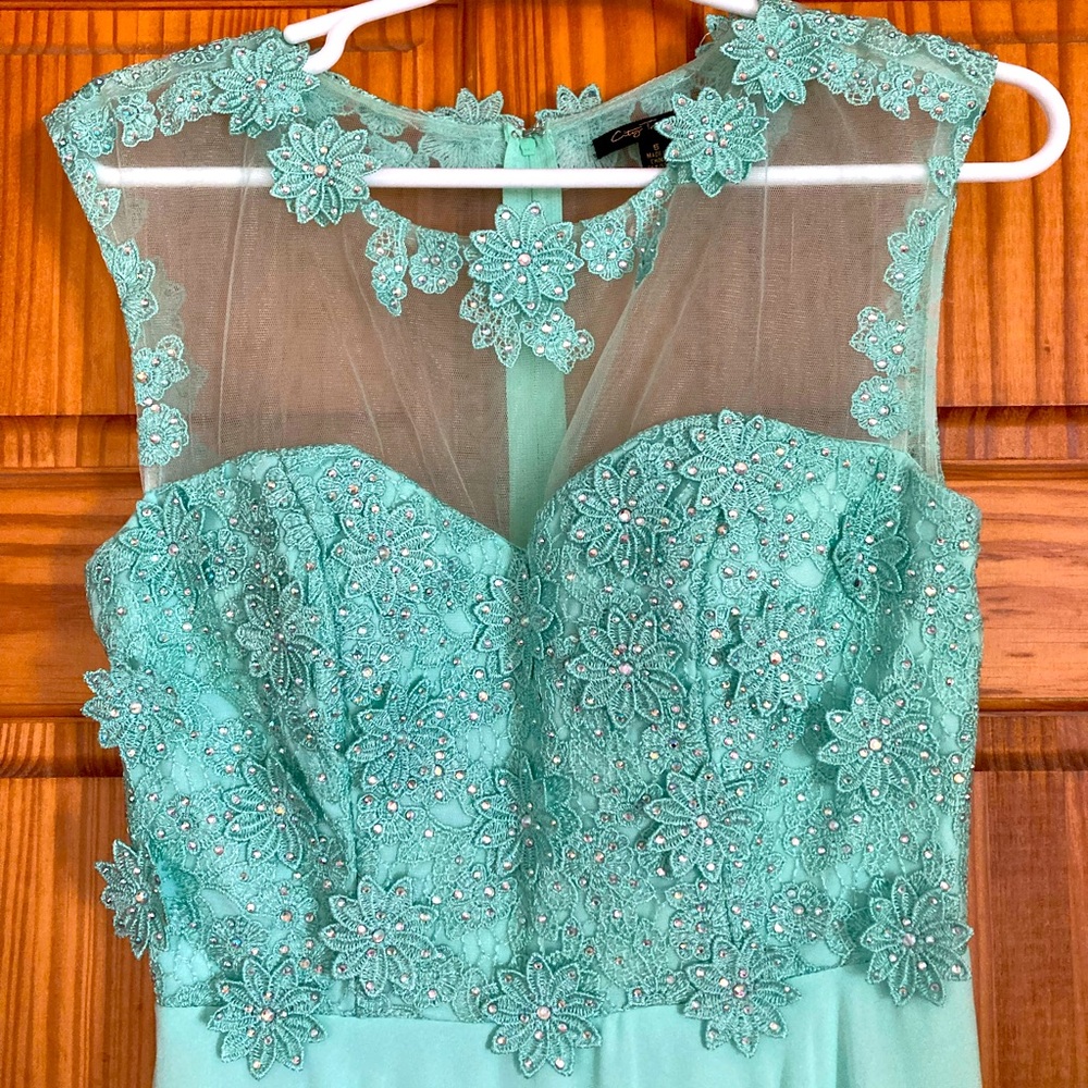 Mint green floor length prom dress
